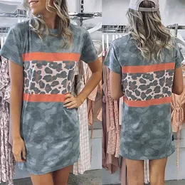Casual Straight Mini Dress Kvinnor Leopard Camouflage Print Patchwork O Neck Kortärmad Lös Tshirt Klänning Lady Summer Long Toppar 210507