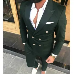Koyu Yeşil Kruvaze Erkekler Slim Fit 2 Parça Takım Elbise Düğün Damat Smokin Balo Blazer Erkek Moda Ceket Pantolon Ile X0909