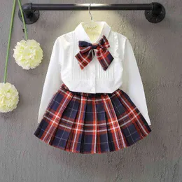 2021 2Pcs Girls Casual Clothing Set Designed Spring Kids Jk Uniform Pleated Skirt Shirt Birthday Performance Clothes -6 Ys G220310