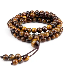 Unisex 6mm Tiger Eye Beaded Necklaces Stone Bracelet Natural 108 Mala Beaded Necklace for Women Men Meditation Prayer Bracelets Yoga Jewelry
