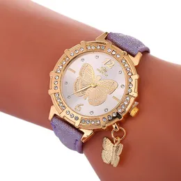 새로운 패션 여성 나비 펜던트 쿼츠 손목 시계 크리스탈 다이얼 디자인 가죽 스트랩 시계 숙녀 소녀