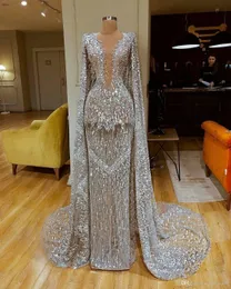 Sparkly Full Sequined Long Sleeves Mermaid aftonklänningar med Wrap Sier Prom Dress Formal Party Pageant -klänningar