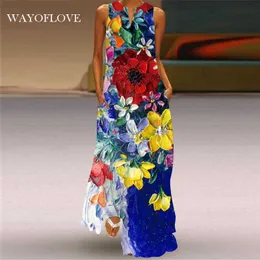 Wayoflove Fashion Flower Print Blue Dress Casual Beach Długie sukienki Lato Kobieta Kobieta Bez Rękawów Girl Plus Size Maxi Sukienka Kobiety 210602