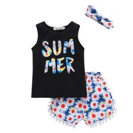Kläder uppsättningar Toddler Baby Girls Boys Kläder Letter Print Vest Toppar + Sunflower Shorts + Headbands Outfits Enfant