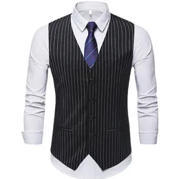 Striped Mens Waistcoat Formal Business Work Causal Slim Vest för Män Retro Herrar Gammer Groomsman Män Passar Vest Solid Bröllop Gilet 210524