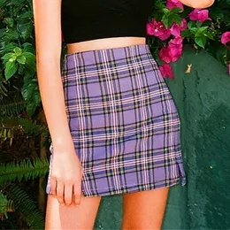 Women checked mini plaid slit summer beach vintage retro spring cara short purple skirt girls 210415