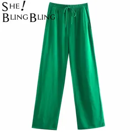 Sheblingling Za Mulher Traf calças Moda Calças Longa Cordão Cintura Alta Perna Largo Verde Calça Casual Cant Mulheres 2 Tomos 211216