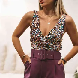 Kolorowe Cekiny Bluzka Koszula Seksowny Klub Camis Tank V Neck Crop Top Krótkie Topy Koszulki Lato 210427