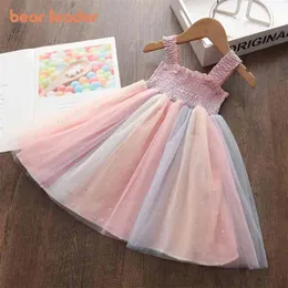 Kids Dresses for Girls Sleeveless Sequined Party Costume Mesh Summer Puffy Rainbow Children Clothing 210429
