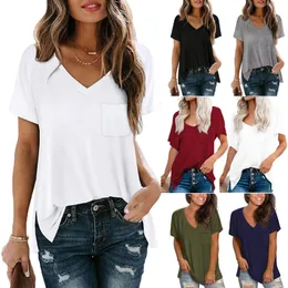 Damskie Lato Krótki Rękaw VNeck Tshirts Side Split Casual Tops Comfort Loose Dopasowanie bluzki