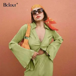 Bclout夏の緑のヴィンテージ女性のスーツフレアスリーブシャツとハイウエストのズボン2つのペリスセット秋の街路涼しい女性セット210819