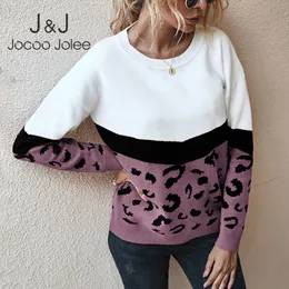 Мода Leopard Latchwork осень зима леди вязаный свитер женщин о-шеи полный рукав джемпер пуловеры топ хаки коричневый 210518