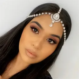 Boho Crystal Drop Forehead Głowy Łańcuch Headwear Headpiece Rhinestone Wedding Włosy Akcesoria Dla Kobiet Bride Indian Jewelry Prezent
