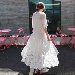 夏の韓国風フレアスリーブOネック大きな振り子ソリッドカラーステッチコットンリネン女性白いドレスQG361 210510
