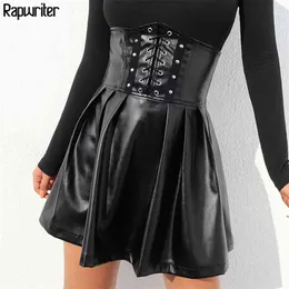 래퍼 패션 조정 가능한 높은 허리 레이스 UP PU Pleated Skirt Women Goth Sexy Back 지퍼 가죽 미니 스커트 Saias Falda 210412