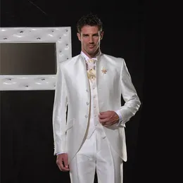 Męskie garnitury Blazers 2021 Włochy Retro White Satin Stand Collar Mężczyźni Custom Made Scena Wedding Suit dla Groomsmen Party Tuxedos 3 szt