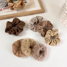 Milk Tea Coffee Color Furry Scrunchies Soft Faux Fur Elastic Hair Bands For Women Rubber Band Ponytail Holder Hair Accessories