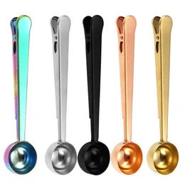 Coffee Scoop with Seal Clip Stainless Steel Tea Measuring Spoon Tools 2 in 1 Kitchen Supply Multicolor Silver Gold XBJK2104