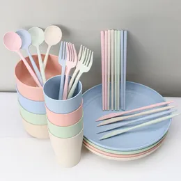 Dinnerware Sets 28 Pcs Reusable Family Wheat Straw Tableware Kitchen Tools