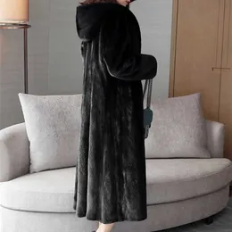 Lautaro Winter Maxi Preto Quente Fluxo Faux Mink Pele Casaco Mulheres com Capuz Manga Longa Contornado Elegante Luxo Coreano Moda 211018