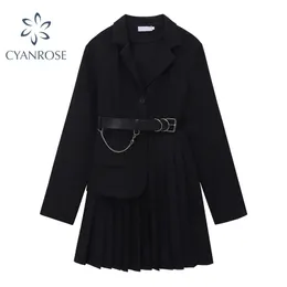 Bahar ve sonbaharın tasarım duygusu moda rahat blazer elbiseler kadın uzun kollu pileli siyah küçük takım elbise ceket wom 210515