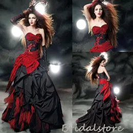 Vintage röd och svart gotisk brudklänning Victorian Evil Queens Pleat Satin Land Bröllopsklänningar Sweetheart Corset Lace Up Garden Bridal Gowns 2022 Mariage