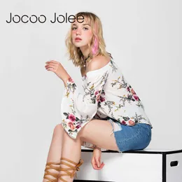 Jocoo Jolee Women Off Shoulder Blus Sexig fullfjäril ärm blommig tryck Topp Loose Crop Tops Casual Tee Beach Cute Shirt 210619