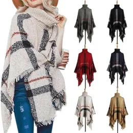 Camisolas femininas Poncho Sweater Mulheres Ferzadas Ferzilhas Pullover Cape Casaco Alta Gola Alta Shawl Sconhos Panchos Feminino Inverno