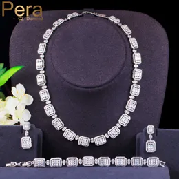 Pera Gorgeous Princess Cut Cubic Zirconia Women Chocker Necklace Earrings Bracelets for Bridal Wedding Party Jewelry Sets J404 H1022