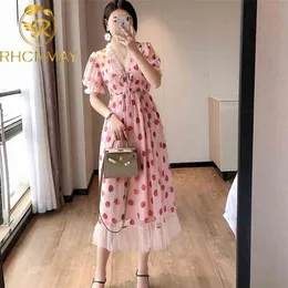 Sexy V-Neck Belt Strawberry stamping Short Sleeve Party Mid-Length Dress Net Yarn Summer Women'S Clothing 210623