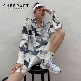 Shark Print Oversized Shirt Vit Långärmad Top Kvinnor Knapp upp Krage High Fashion Blouses 210427