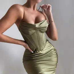 Festklänning kvinnlig kjol benkorsett Suspender Solid Color Foreign Trade Sexig satin Elegant gränsöverskridande mellanlängdsklänningar Kvinnor