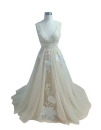 Abito da sposa boho in pizzo floreale avorio champagne 2022 scollo a V profondo tulle aperto sul retro abiti da festa da sposa bohémien da donna