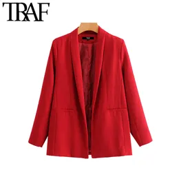 TRAF Women Vintage Stylish Office Wear Red Blazer Coat Fashion Long Sleeve Pockets Female Outerwear Chic Tops 210415