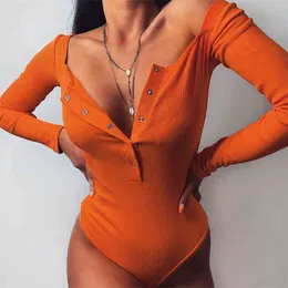 Spring Square Neck Ribbed Knitted Bodysuits Female Long Sleeve Buttons Rompers Sexy Bodycon Streetwear Body Noir Femme 210604