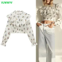 Vuwwyv White Floral Print Wzburzyć Kobieta Bluzki Lato Chic Retro Crop Top Kobiety Z Długim Rękawem Casual Smock Elastyczne obciążenia 210430