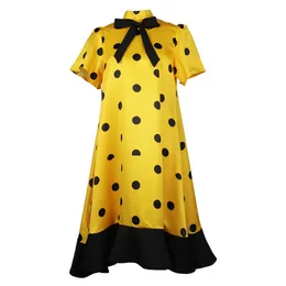 Summer Fashion Yellow Polka Dot Kawaii Patchwork Midi Dresses Bow Tie Stand Neck Women Flared Sleeves Casual Wear Party Robes XL 210527
