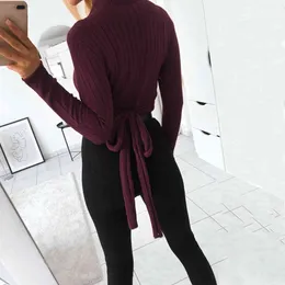 Sexy Turtleneck Bandaż Bandaż Cropped Swetry Dorywczo Długim Rękawem Topy Tunika Kobiety Sweter Biały Wino Czerwony Casual Zimowe Odzież 210507