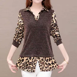 Korean Fashion Clothing Plus-Size Stitching Fake Two-Piece Shirt Women's Blouse Leopard Middle-aged Women Top 301J 210420