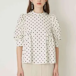폴카 도트 블라우스 여자 피터 팬 셔츠 여름 패션 퍼프 짧은 소매 Blusas Mujer de moda 스탠드 칼라 여성 탑 210514