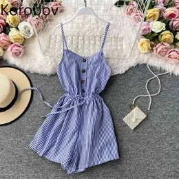 Korobov Koreanska Sommar Kvinnor Playsuits Beach Style Ärmlös Kvinna Jumpsuits Hit Färg Patchwork Striped Bodysuits 210430