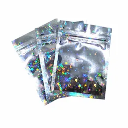 収納バッグ100pcs/lot resealable starable star laser aluminum foil package bag tearth bag big tear notch zipper self Sealing Dry Fruitsキャンディーポーチ