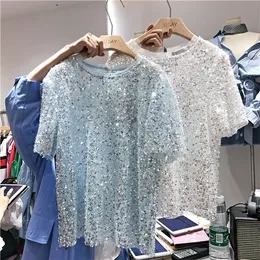 Projekt mody damski koszulki O Neck z krótkim rękawem Paillette cekinowy Shinny Bling Loose Tops Letni tee SML