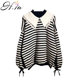 H.SA Striped Sweater Women Turn Down Collar Black and White Korean Lantern Sleeve Lace Up Pull Jumpers Femme 210417