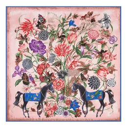 POBING LUXURY Märke 100% Twill Silk Scarf Kvinna Square Scarves Wraps Flower Horse Print Silk Foulard Kvinna Stor Hijab 130cm Q0828