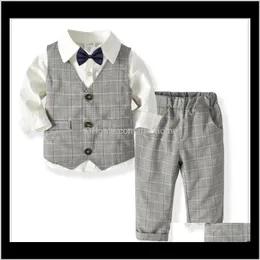Baby Baby Maternità Drop Delivery 2021 Boys Gentleman Style Abbigliamento Bambini Plaid Giletshirtbowtiepants 4Pcs Set Kids Suit Boy Outfits