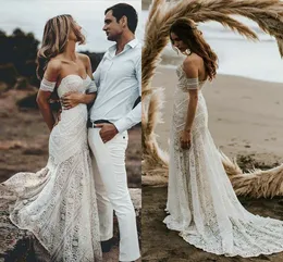 Bohemian Mermaid Beach Wedding Dresses Crochet Cotton Lace Vestidos De Novia Hippie Country Bridal Dress with Remove Sleeve