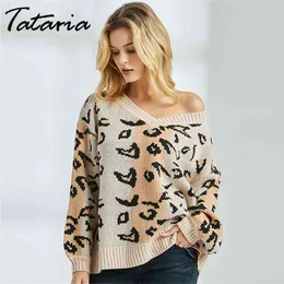 Tataria Schulterfreier Pullover für Damen, langärmelig, gestrickt, V-Ausschnitt, lässig, Vintage, weibliche Pullover 210514
