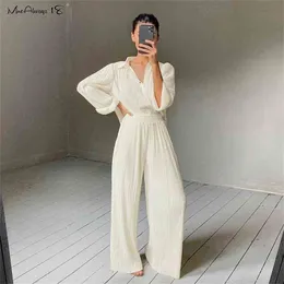 Mnealways18 Beige Pleated Wide Leg Pants Womens Fashion Casual Loose Trousers Office Lady Elegant Long Palazzo 210915