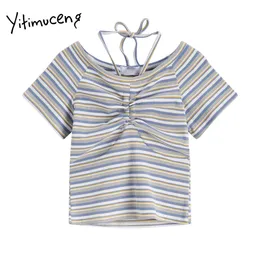 Yitimuceng Frau T-Shirts Farbe Streifen Nette Girly Sommer T-shirt V-ausschnitt Schlanke Kordelzug T-shirts Mode Kurze Kleidung Plissee Tops 210601
